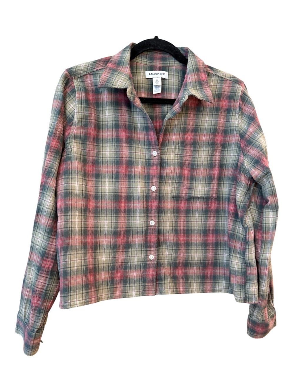 Lands’ End Pink Green Plaid Cropped Button Down Shirt Preppy M - Picture 2 of 8